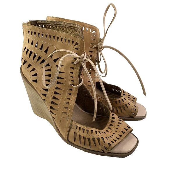 Jeffrey Campbell Shoes Size 10 Rodillo Tan Cut Out Boho Lace Up Wedge Sandals - Picture 1 of 9